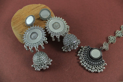 JFL - Jewellery for Less Combo of Ethnic Oxidized Mirror Work Jewelry Set for Women & Girls Jhumka Earrings, Statement Finger Ring & Maang Tikka Combo(Navratri Special)