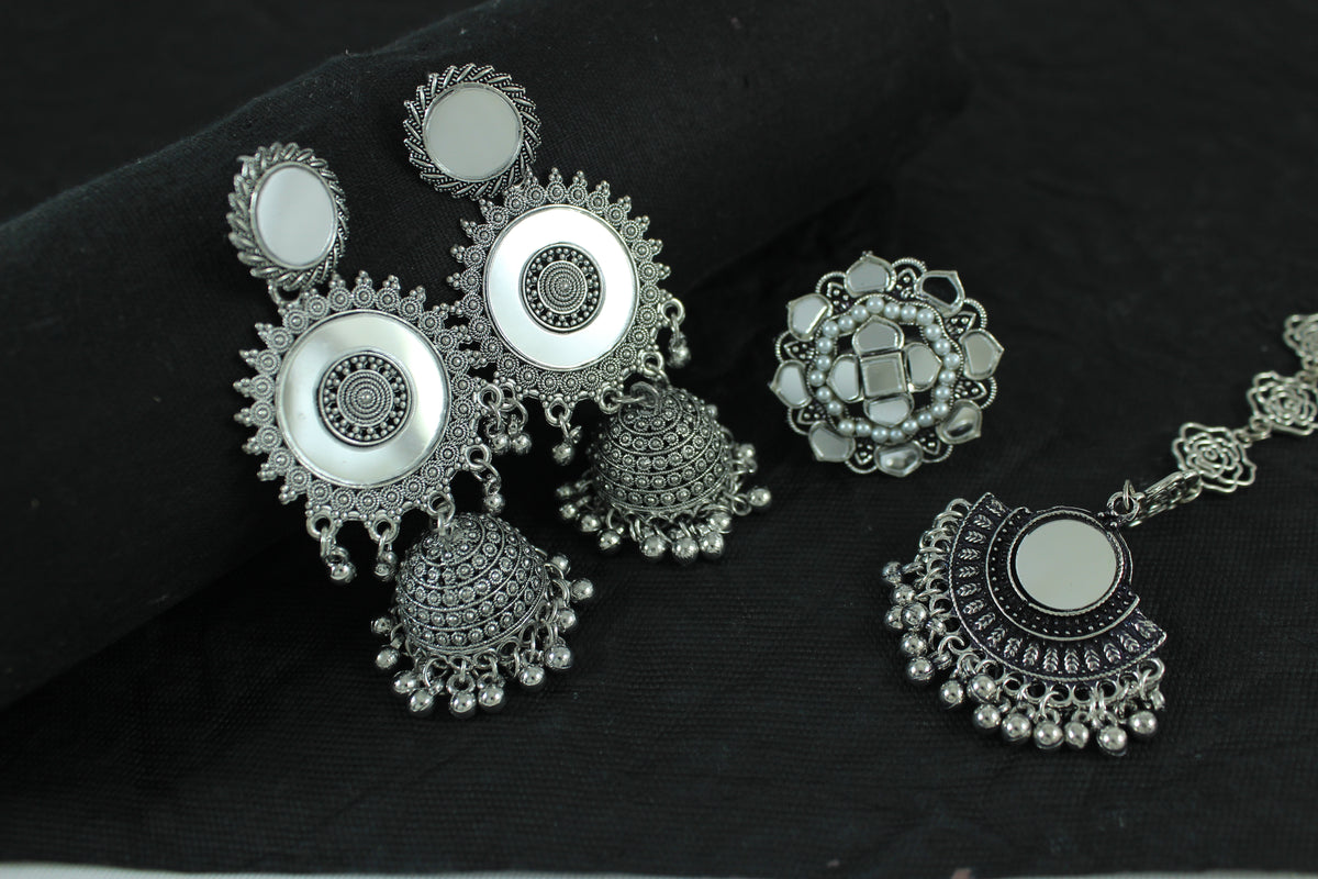 JFL - Jewellery for Less Combo of Ethnic Oxidized Mirror Work Jewelry Set for Women & Girls Jhumka Earrings, Statement Finger Ring & Maang Tikka Combo(Navratri Special)