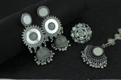JFL - Jewellery for Less Combo of Ethnic Oxidized Mirror Work Jewelry Set for Women & Girls Jhumka Earrings, Statement Finger Ring & Maang Tikka Combo(Navratri Special)