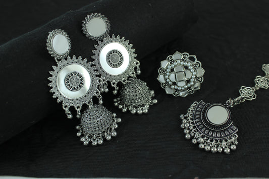 JFL - Jewellery for Less Combo of Ethnic Oxidized Mirror Work Jewelry Set for Women & Girls Jhumka Earrings, Statement Finger Ring & Maang Tikka Combo(Navratri Special)