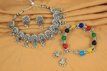 JFL - Jewellery for Less Traditional Oxidized Multicolor Stone Peacock Choker Necklace Set with Multicolor Beaded Bracelet for Women & Girls (Navratri Special)