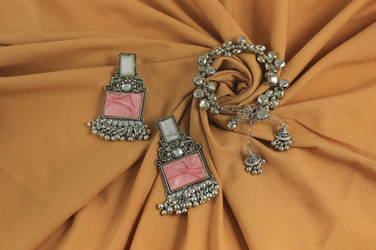 JFL - Jewellery for Less Navratri Special Combo of Oxidised Acrylic Mother of Pearl and Kundan Studded Statement Earrings with Ghungroo Bracelet for Women & Girls. (Peach)