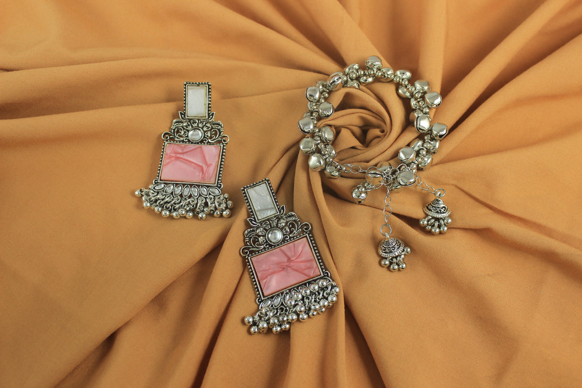 JFL - Jewellery for Less Navratri Special Combo of Oxidised Acrylic Mother of Pearl and Kundan Studded Statement Earrings with Ghungroo Bracelet for Women & Girls. (Peach)
