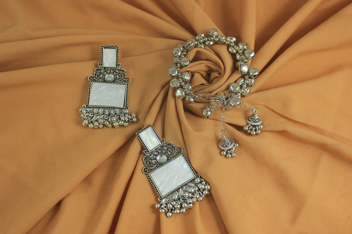 JFL - Jewellery for Less Navratri Special Combo of Oxidised Acrylic Mother of Pearl and Kundan Studded Statement Earrings with Ghungroo Bracelet for Women & Girls. (White)