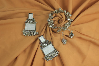 JFL - Jewellery for Less Navratri Special Combo of Oxidised Acrylic Mother of Pearl and Kundan Studded Statement Earrings with Ghungroo Bracelet for Women & Girls. (White)