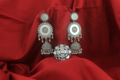JFL - Jewellery for Less Combo of Ethnic Oxidized Mirror Work Jewelry Set for Women & Girls Jhumka Earrings, Statement Finger Ring & Maang Tikka Combo(Navratri Special)