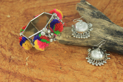 JFL - Jewellery for Less Navratri Special Oxidised Silver Jhumka Earrings with Colorful Pom-Pom Bracelet Set for Women & Girls