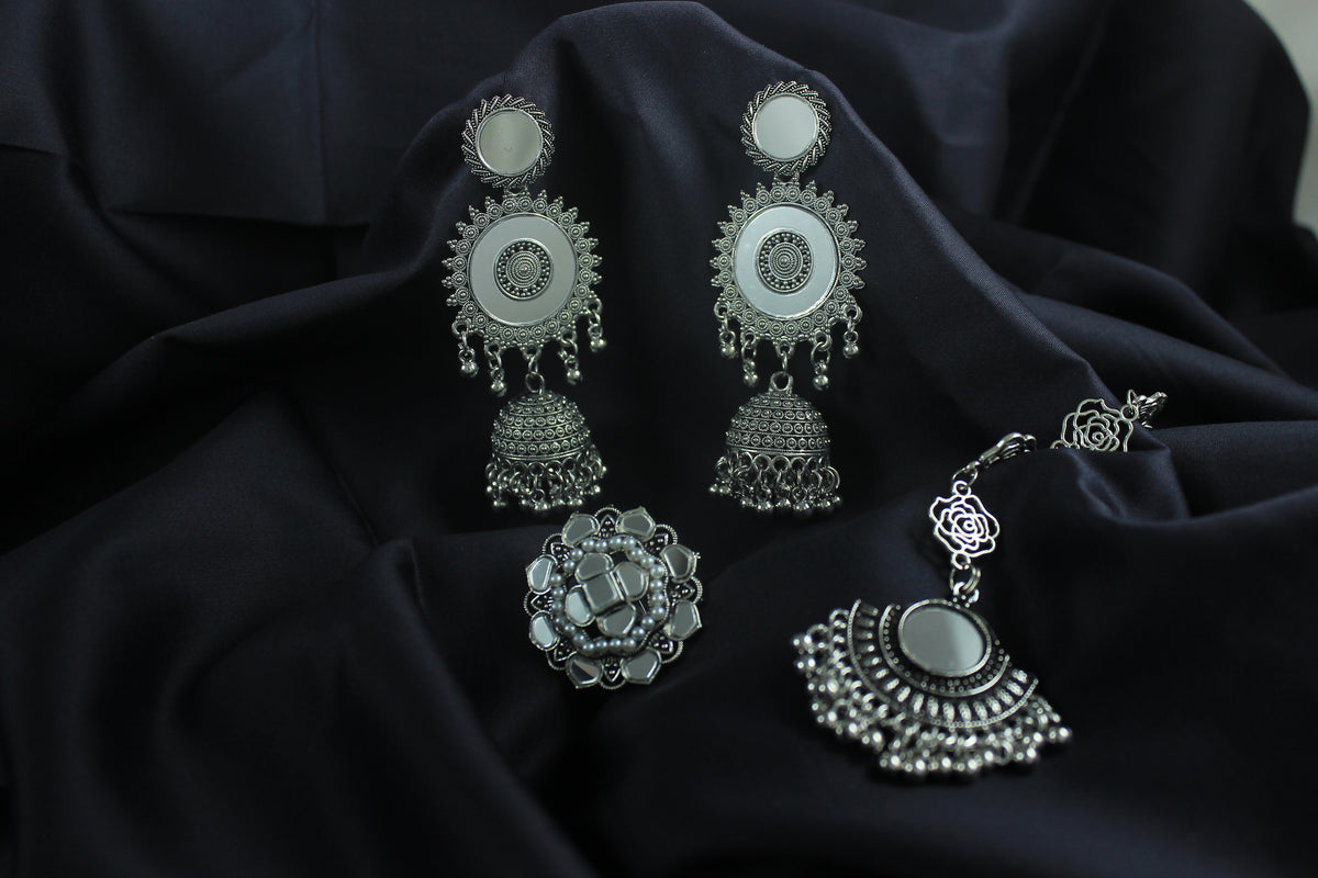 JFL - Jewellery for Less Combo of Ethnic Oxidized Mirror Work Jewelry Set for Women & Girls Jhumka Earrings, Statement Finger Ring & Maang Tikka Combo(Navratri Special)