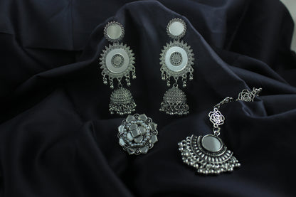 JFL - Jewellery for Less Combo of Ethnic Oxidized Mirror Work Jewelry Set for Women & Girls Jhumka Earrings, Statement Finger Ring & Maang Tikka Combo(Navratri Special)