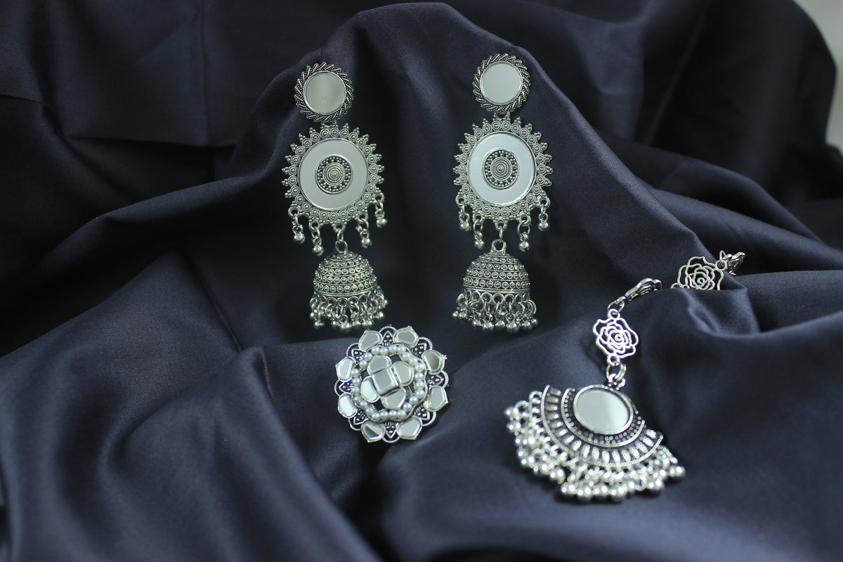 JFL - Jewellery for Less Combo of Ethnic Oxidized Mirror Work Jewelry Set for Women & Girls Jhumka Earrings, Statement Finger Ring & Maang Tikka Combo(Navratri Special)