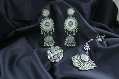 JFL - Jewellery for Less Combo of Ethnic Oxidized Mirror Work Jewelry Set for Women & Girls Jhumka Earrings, Statement Finger Ring & Maang Tikka Combo(Navratri Special)