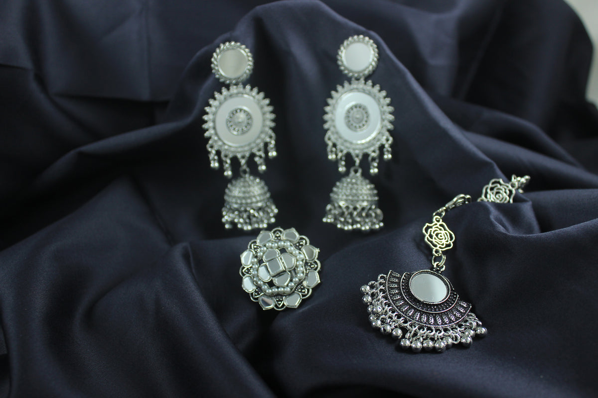 JFL - Jewellery for Less Combo of Ethnic Oxidized Mirror Work Jewelry Set for Women & Girls Jhumka Earrings, Statement Finger Ring & Maang Tikka Combo(Navratri Special)