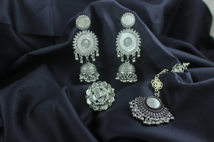 JFL - Jewellery for Less Combo of Ethnic Oxidized Mirror Work Jewelry Set for Women & Girls Jhumka Earrings, Statement Finger Ring & Maang Tikka Combo(Navratri Special)