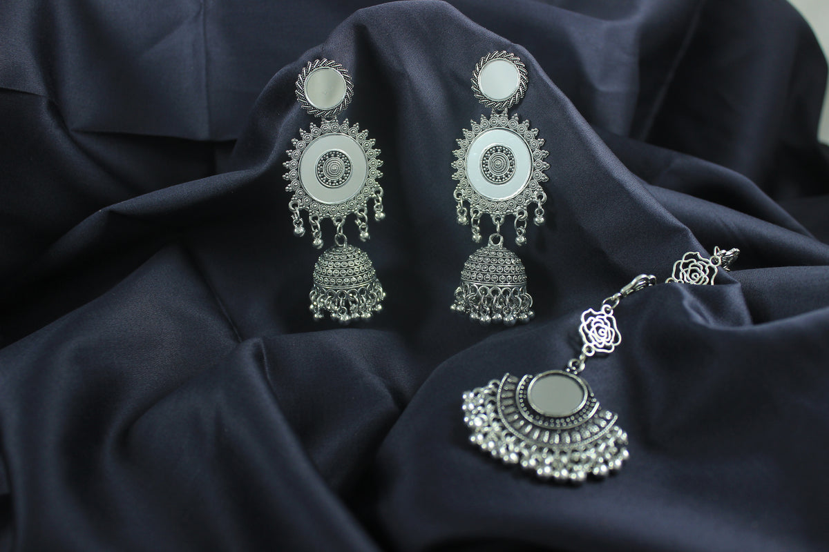 JFL - Jewellery for Less Combo of Ethnic Oxidized Mirror Work Jewelry Set for Women & Girls Jhumka Earrings, Statement Finger Ring & Maang Tikka Combo(Navratri Special)
