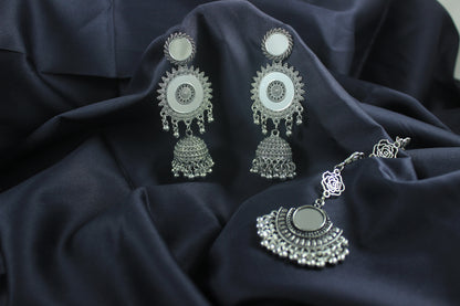 JFL - Jewellery for Less Combo of Ethnic Oxidized Mirror Work Jewelry Set for Women & Girls Jhumka Earrings, Statement Finger Ring & Maang Tikka Combo(Navratri Special)