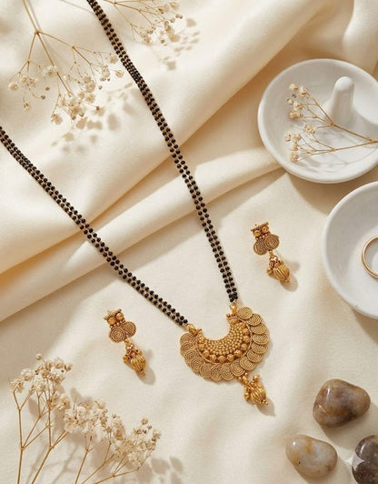 One Gram Gold Plated Spiral Mangalsutra Set With Earring .