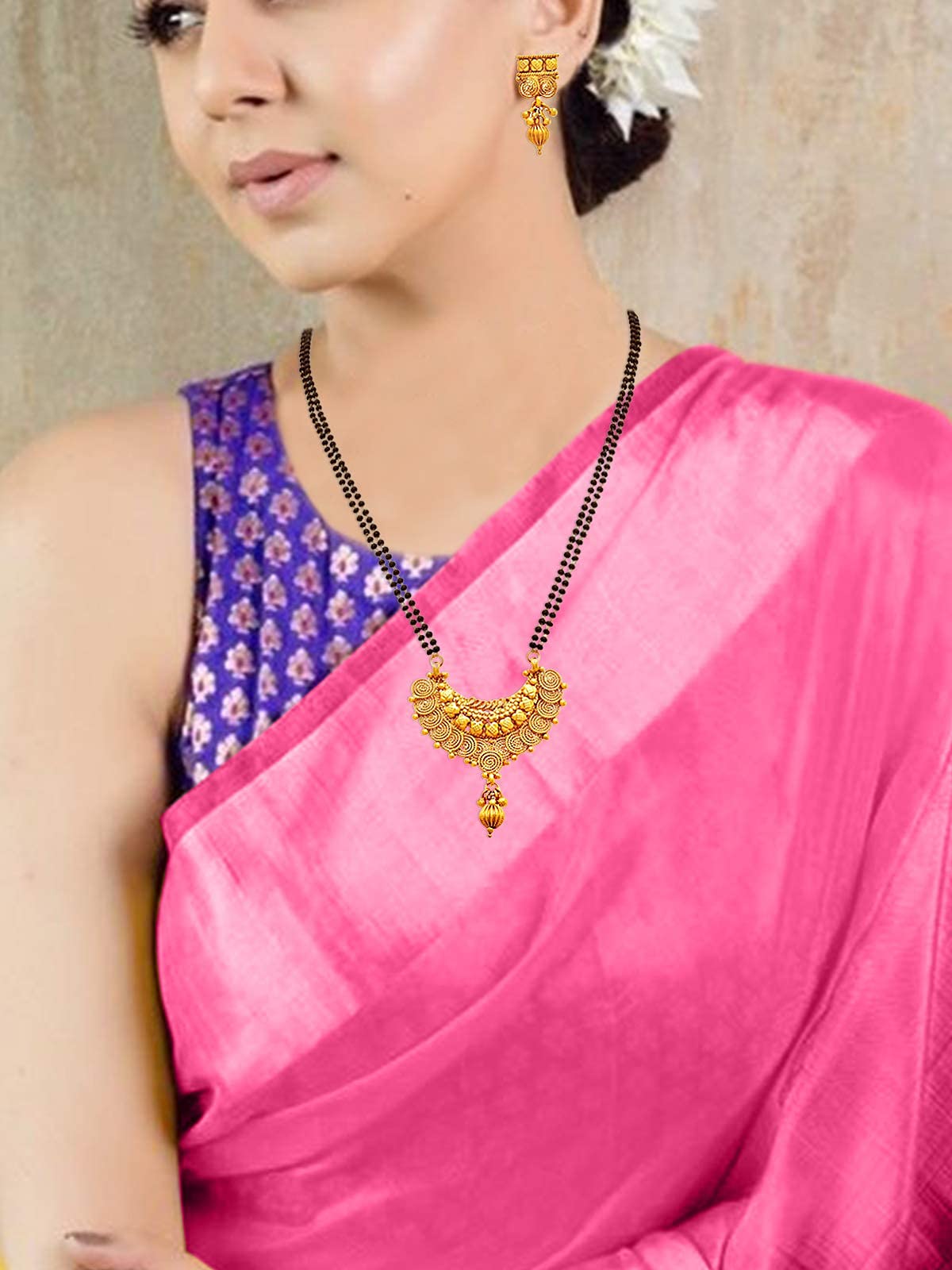 One Gram Gold Plated Spiral And Beads Chainx Design Long Mangalsutra Set With Earring