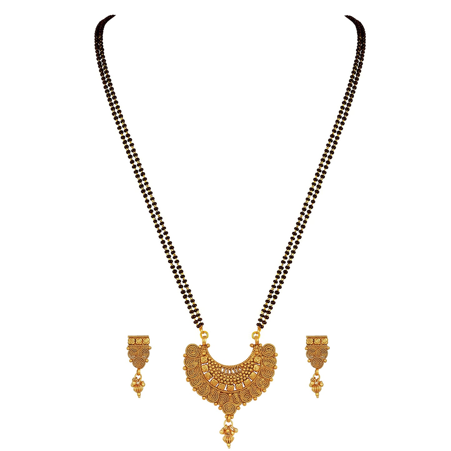 One Gram Gold Plated Spiral And Beads Chainx Design Long Mangalsutra Set With Earring