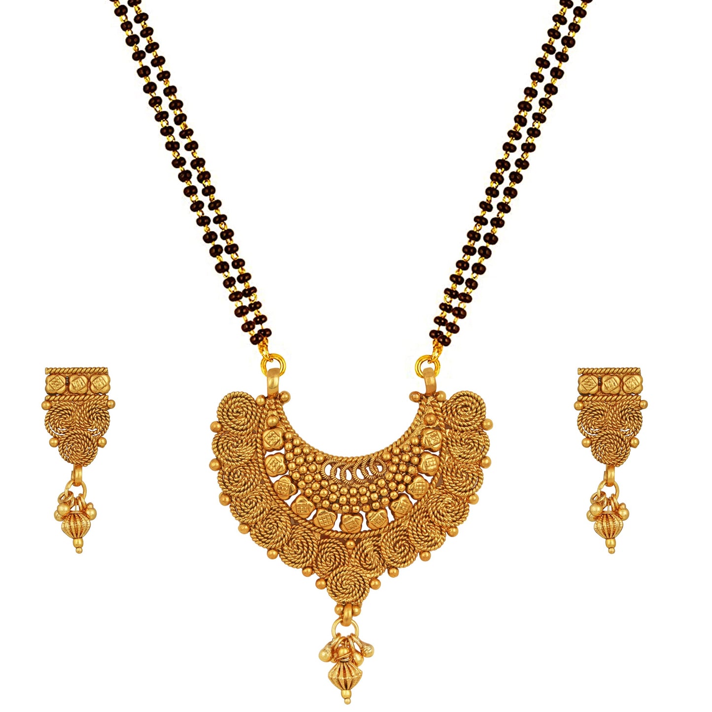 One Gram Gold Plated Spiral And Beads Chainx Design Long Mangalsutra Set With Earring