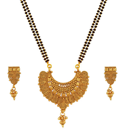 One Gram Gold Plated Spiral And Beads Chainx Design Long Mangalsutra Set With Earring