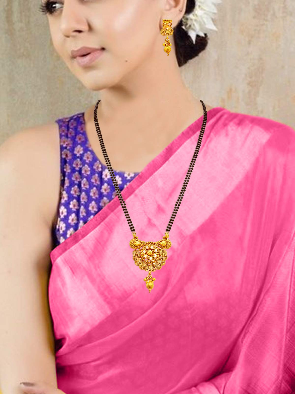 One Gram Gold Plated Spiral Diamond Mangalsutra With Earring.