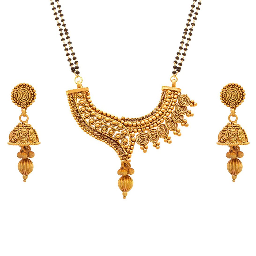 Fancy Magalsurt One Gram Gold Plated Spiral And Beads Chainx Design Long Mangalsutra Set With Earring