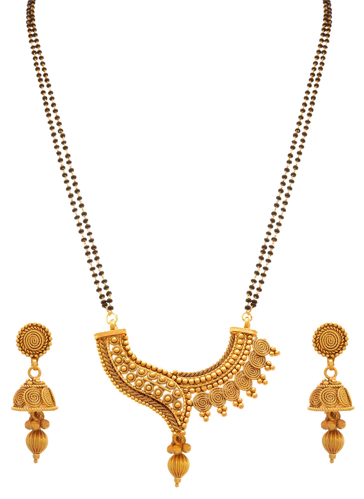 Fancy Magalsurt One Gram Gold Plated Spiral And Beads Chainx Design Long Mangalsutra Set With Earring