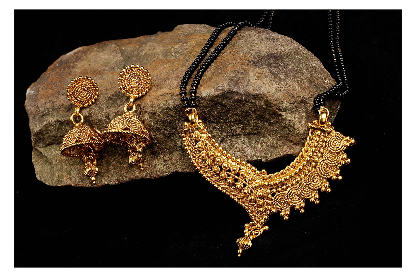 Fancy Magalsurt One Gram Gold Plated Spiral And Beads Chainx Design Long Mangalsutra Set With Earring