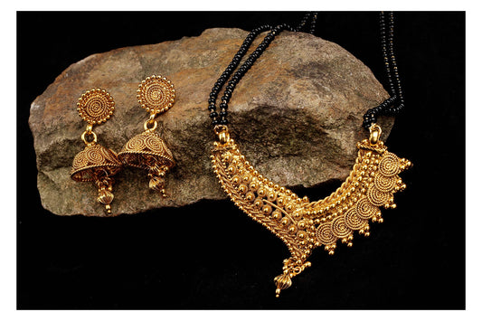 Fancy Magalsurt One Gram Gold Plated Spiral And Beads Chainx Design Long Mangalsutra Set With Earring