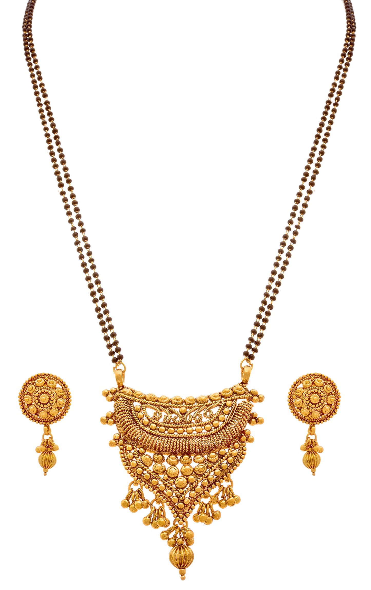 One Gram Gold Plated Mangalsutra With Earring And Double Black Beaded Chain