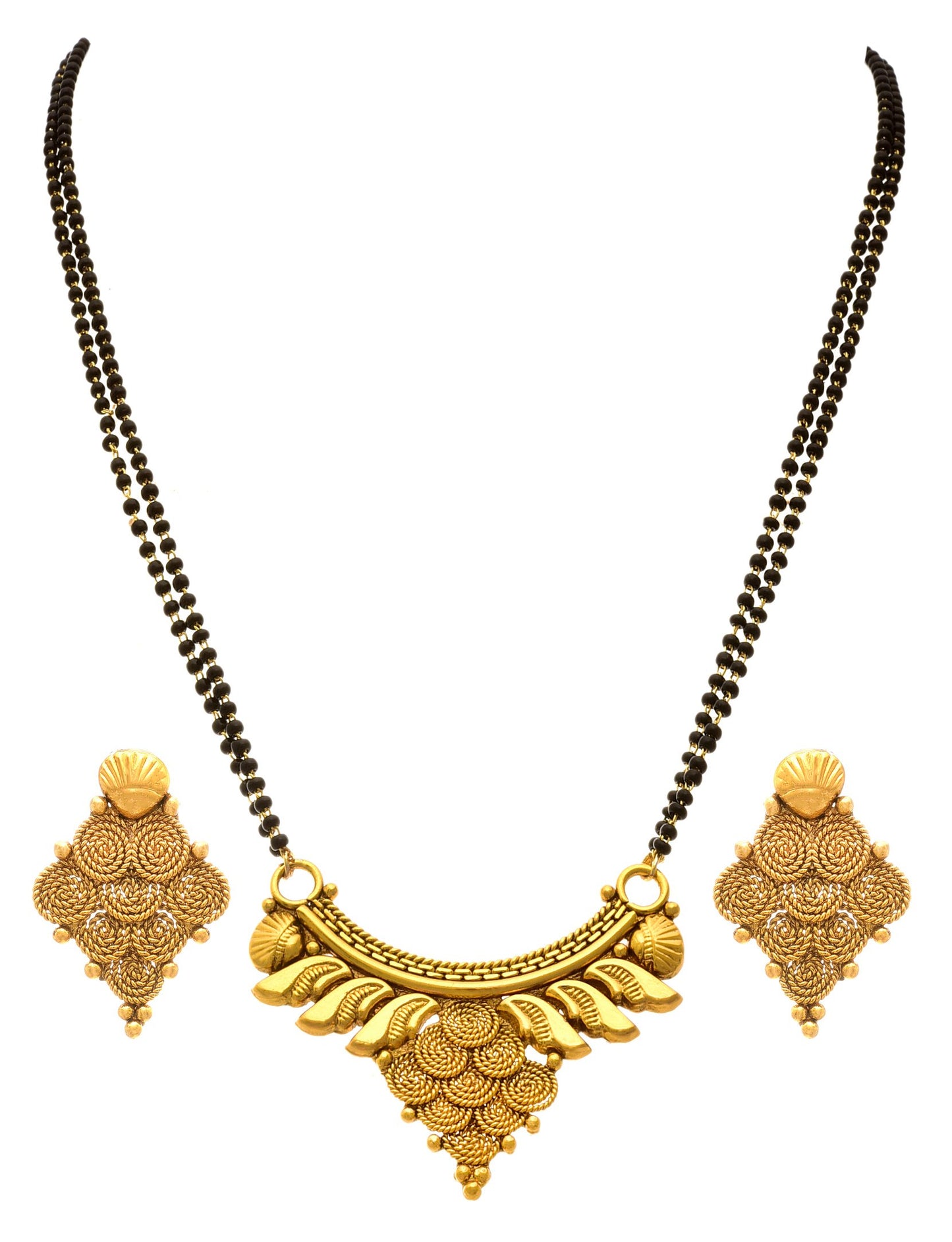 One Gram Gold Plated Spiral Mangalsutra With Earring And Double Black Beaded Chain