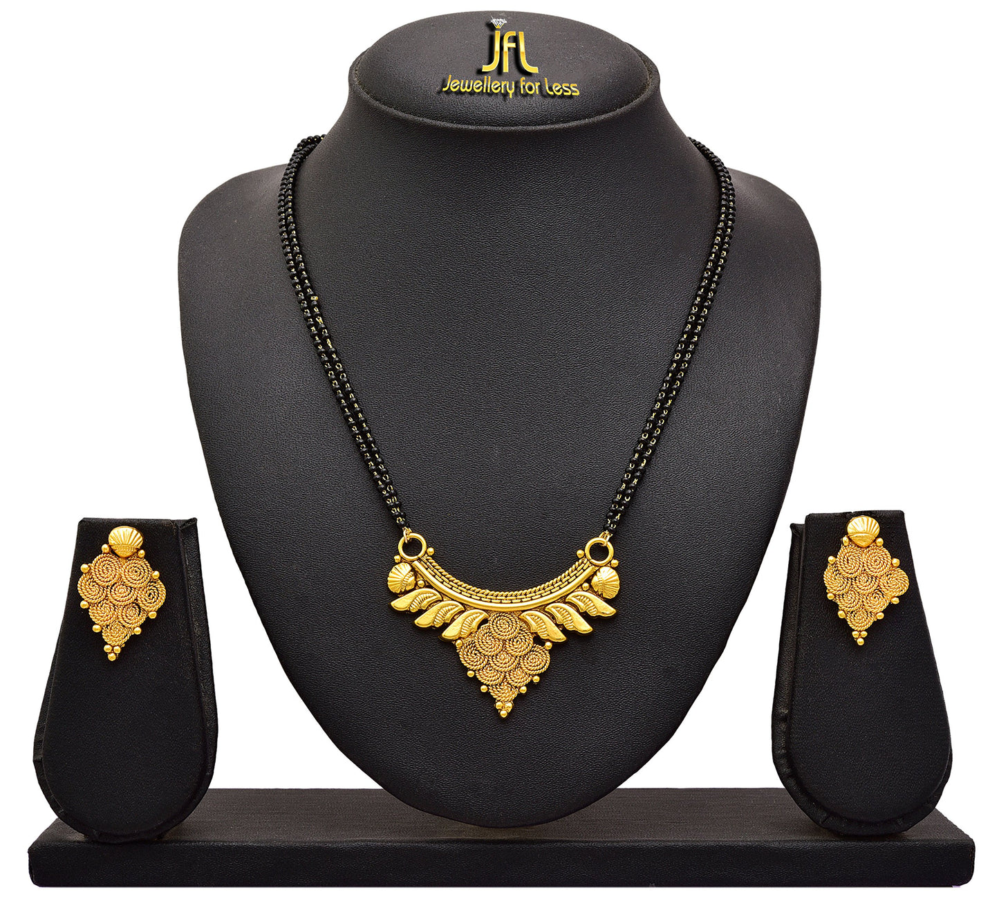 One Gram Gold Plated Spiral Mangalsutra With Earring And Double Black Beaded Chain
