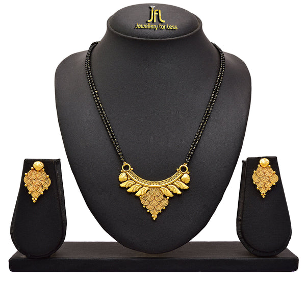 One Gram Gold Plated Spiral Mangalsutra With Earring And Double Black Beaded Chain
