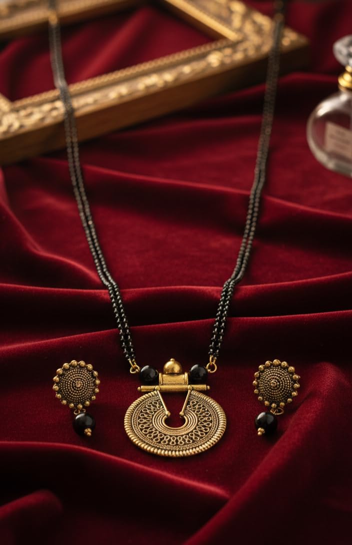 Gold-Plated Key Hole Mangalsutra – Double Chain Black Beaded Ethnic Set