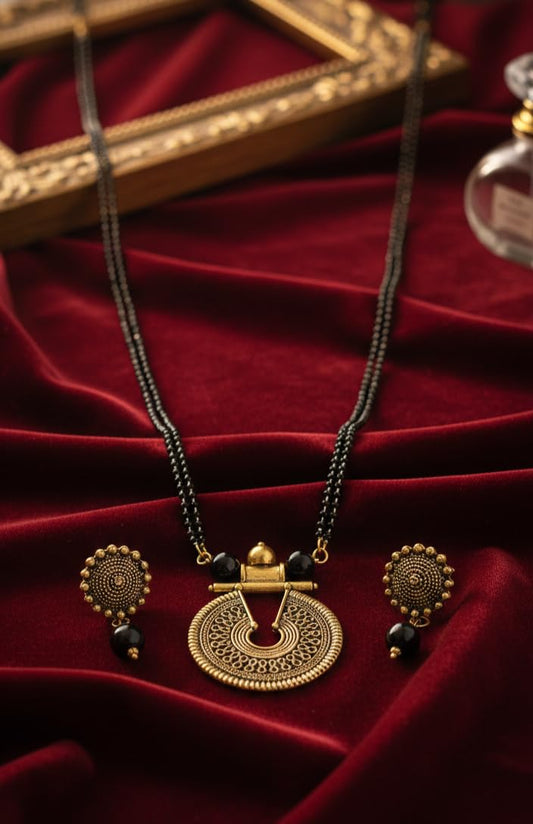 Gold-Plated Key Hole Mangalsutra – Double Chain Black Beaded Ethnic Set
