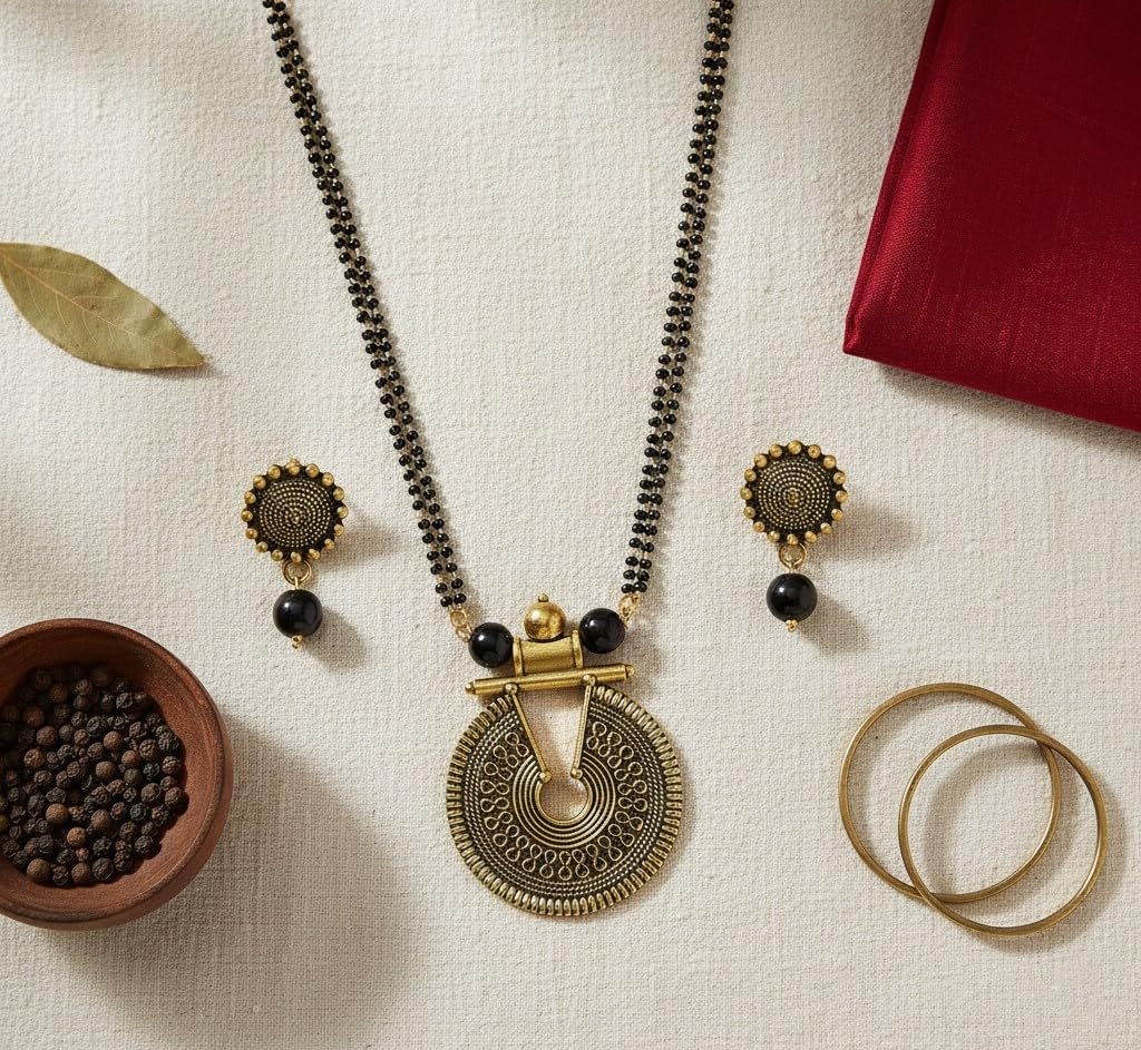 Gold-Plated Key Hole Mangalsutra – Double Chain Black Beaded Ethnic Set