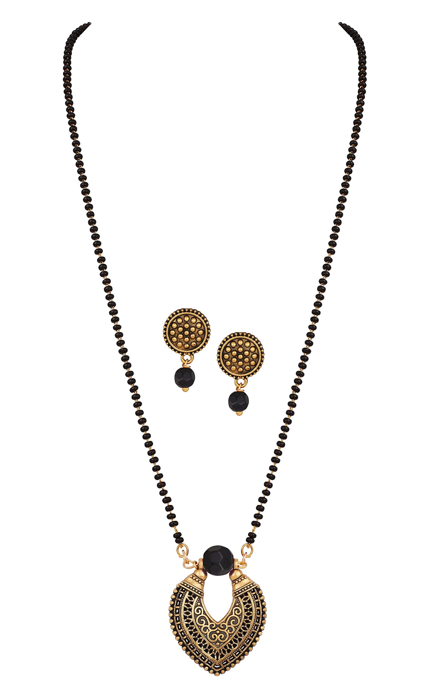 Oxidise Gold Plated Leaf Shape Pendant Mangalsutra . (Black)