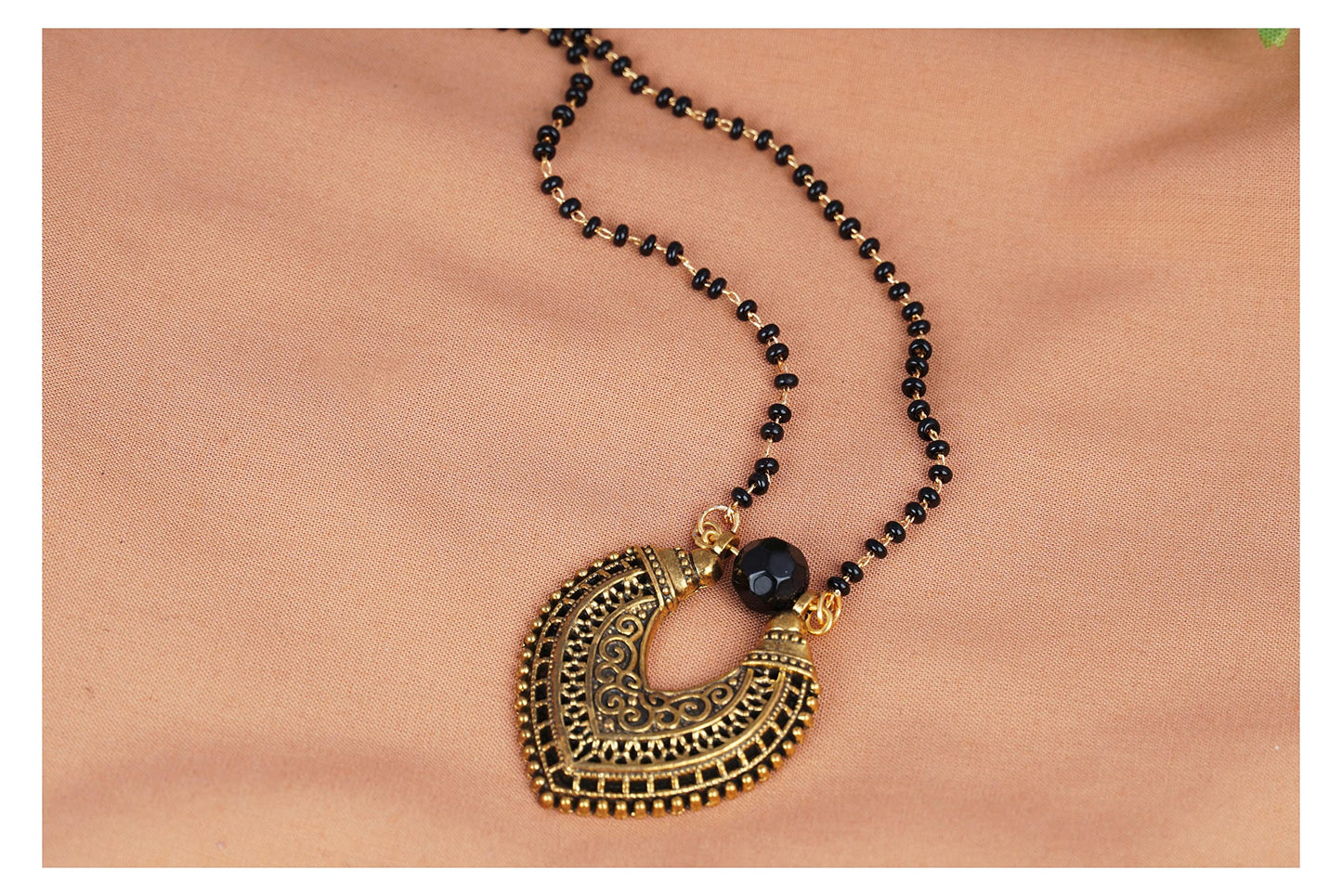 Oxidise Gold Plated Leaf Shape Pendant Mangalsutra . (Black)