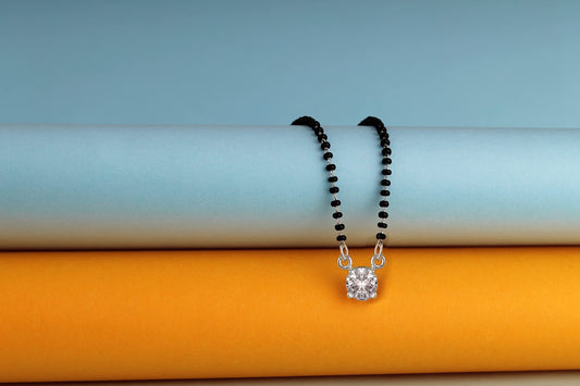 Silver Plated Solitaire Modern Cz American Diamond Mangalsutra (18 Inch)