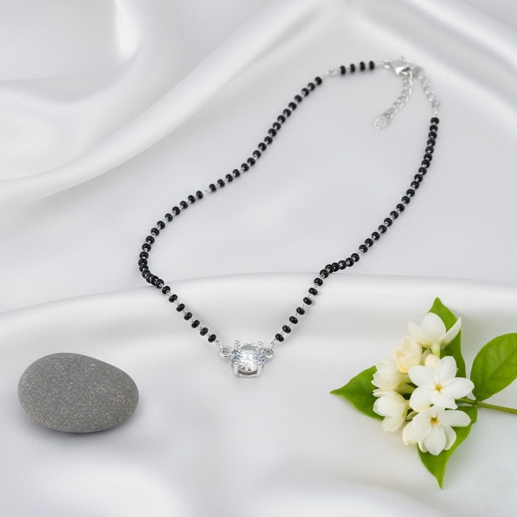 Modern Solitaire American Diamond Mangalsutra – Silver Plated 18-Inch Necklace