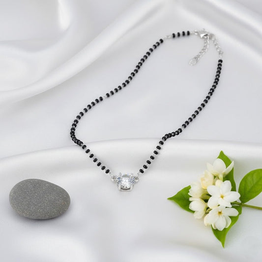 Modern Solitaire American Diamond Mangalsutra – Silver Plated 18-Inch Necklace