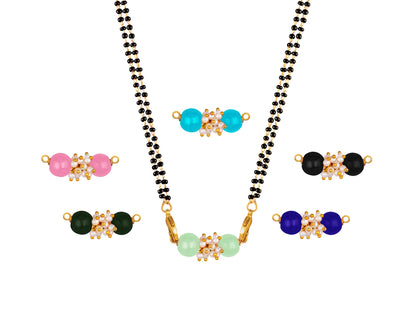 Combo Of Pearl Multi-Color Beads Changeable Pendant Gold With Black Beaded Chain Mangalsutra - Set Of 6