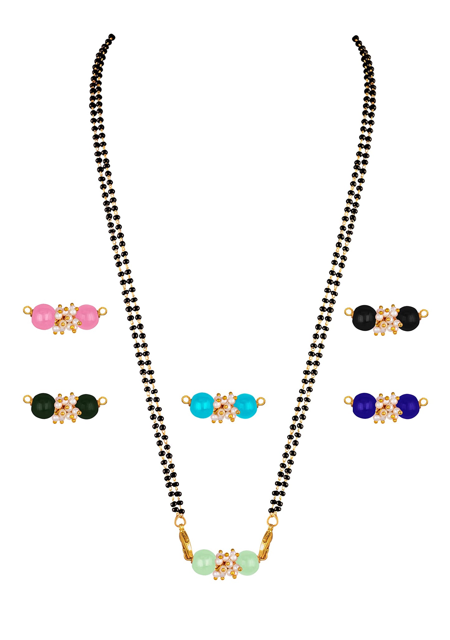 Combo Of Pearl Multi-Color Beads Changeable Pendant Gold With Black Beaded Chain Mangalsutra - Set Of 6