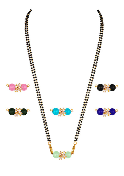 Combo Of Pearl Multi-Color Beads Changeable Pendant Gold With Black Beaded Chain Mangalsutra - Set Of 6