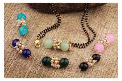 Combo Of Pearl Multi-Color Beads Changeable Pendant Gold With Black Beaded Chain Mangalsutra - Set Of 6