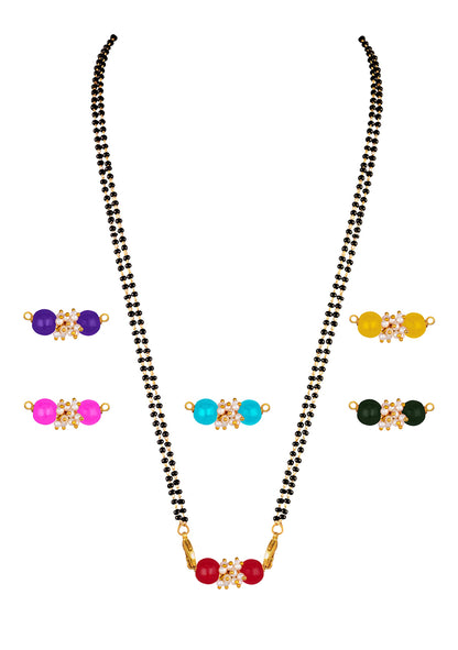 Combo Of Pearl Multi-Color Beads Changeable Pendant Gold With Black Beaded Chain Mangalsutra - Set Of 6