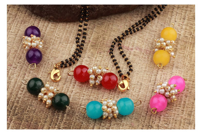 Combo Of Pearl Multi-Color Beads Changeable Pendant Gold With Black Beaded Chain Mangalsutra - Set Of 6