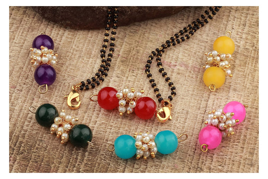 Combo Of Pearl Multi-Color Beads Changeable Pendant Gold With Black Beaded Chain Mangalsutra - Set Of 6