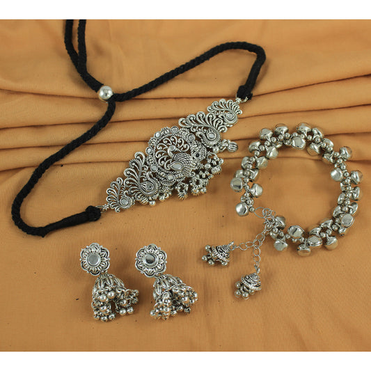 JFL - Jewellery for Less Combo of Oxidised Silver Necklac Set for Women & Girls | Ethnic Necklace, Jhumka Earrings & Ghungroo Bracelet (Navratri Special)