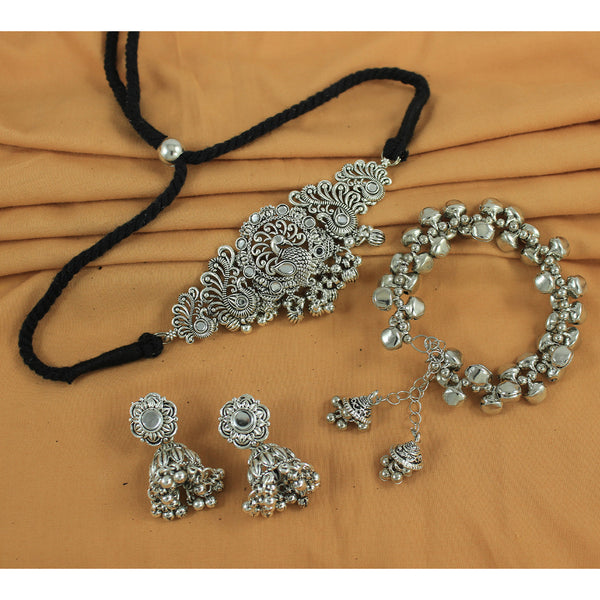 JFL - Jewellery for Less Combo of Oxidised Silver Necklac Set for Women & Girls | Ethnic Necklace, Jhumka Earrings & Ghungroo Bracelet (Navratri Special)